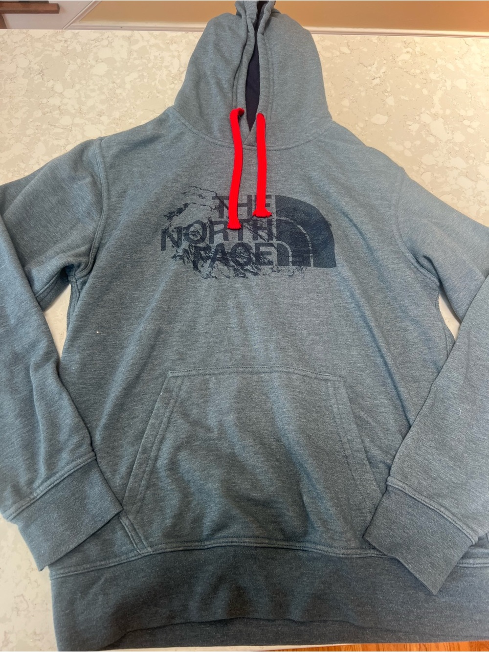 The North Face Men's Heather Gray Pullover Hoodie with Red Drawstrings
